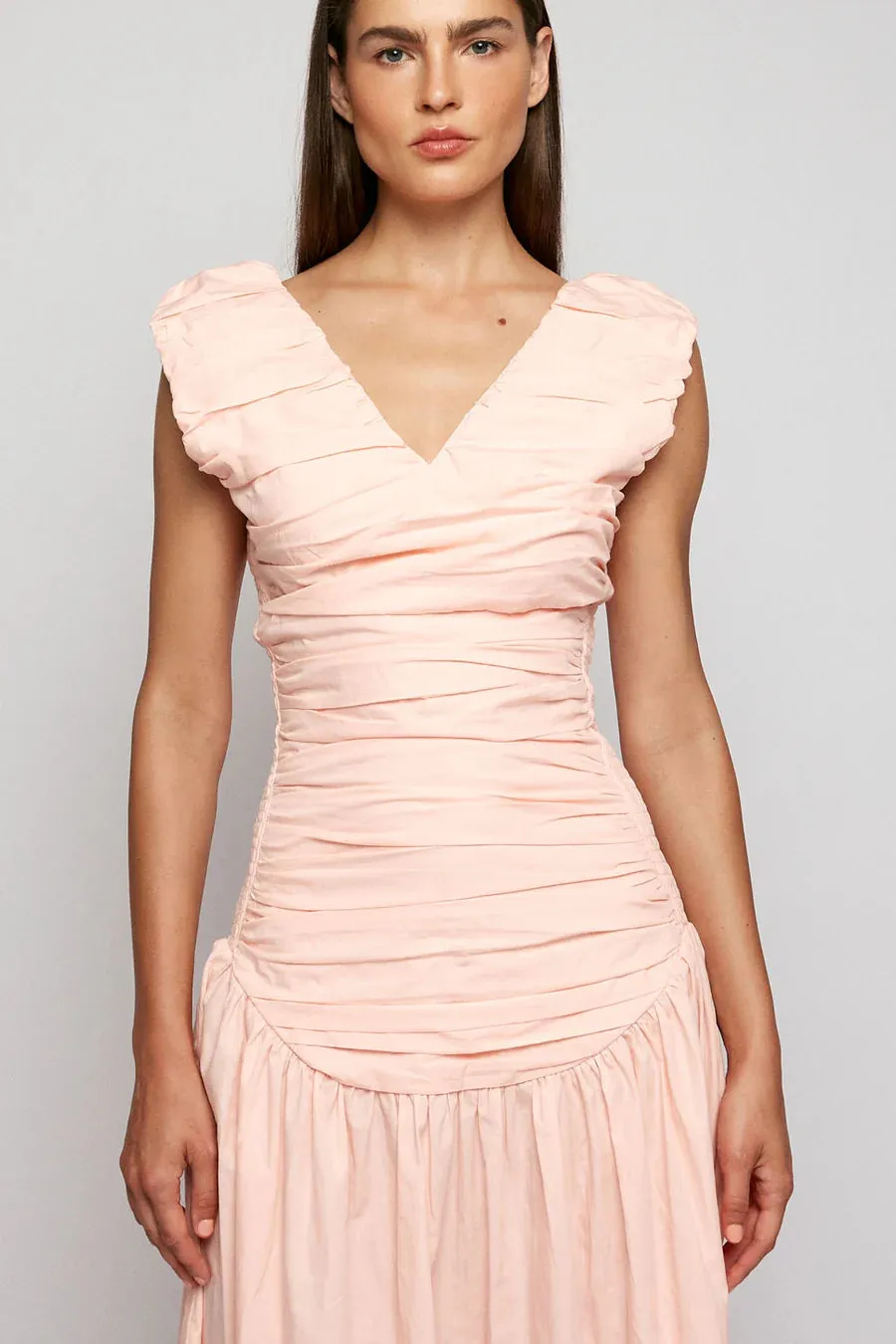 Ruched Low Hem Midi Dress | Primrose | Sustainable Cotton
