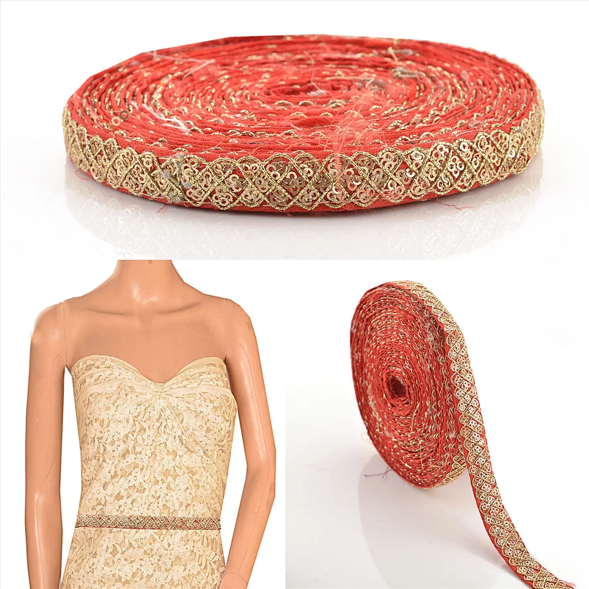 Sanskriti Embroidered Prom Dress Border 1 YD Trim Red Craft Lace Sequins Work
