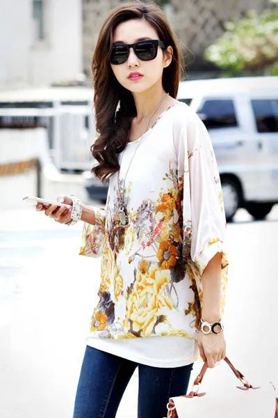 Sexy Golden Autumn Print Elegant Chiffon Top