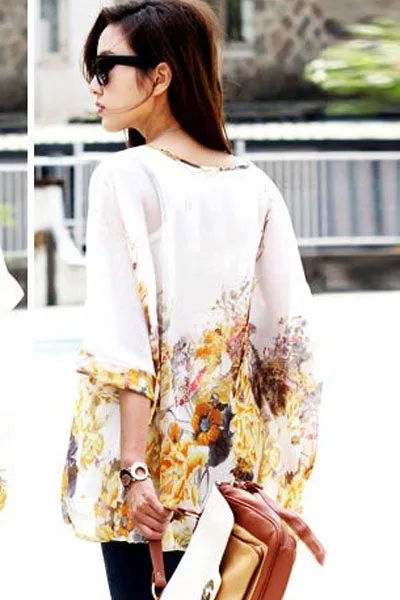 Sexy Golden Autumn Print Elegant Chiffon Top