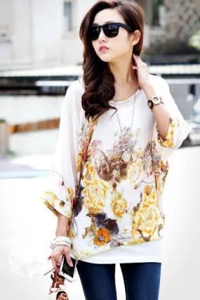 Sexy Golden Autumn Print Elegant Chiffon Top
