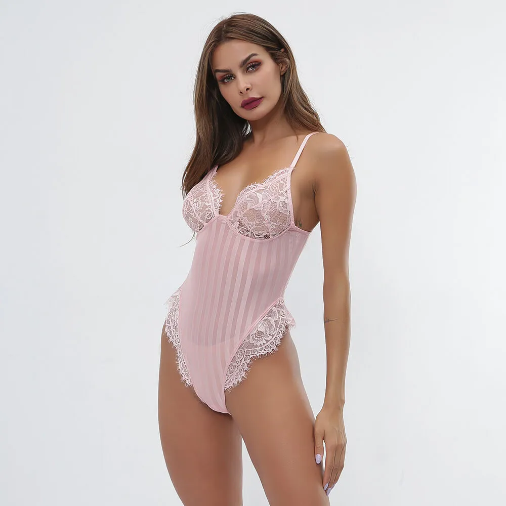 Sexy Lace Spaghetti Strap Stripes Patchwork Sheer Bodysuit