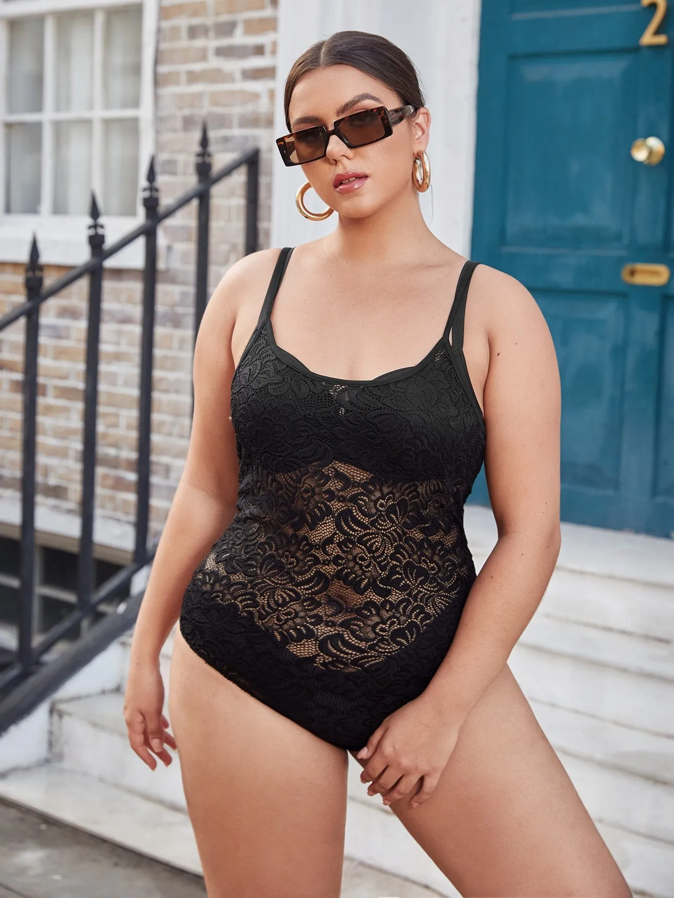 Sexy Plain Sheer Sleeveless Spaghetti Strap Plus Size Bodysuit