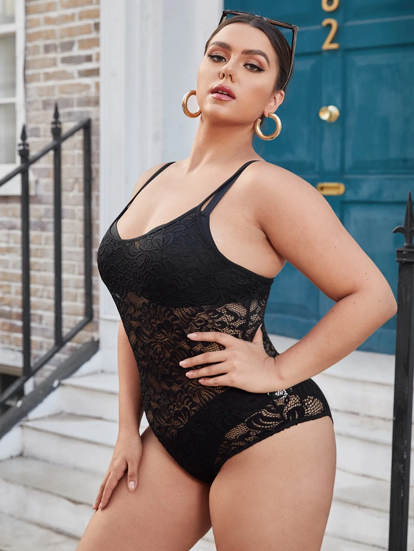 Sexy Plain Sheer Sleeveless Spaghetti Strap Plus Size Bodysuit