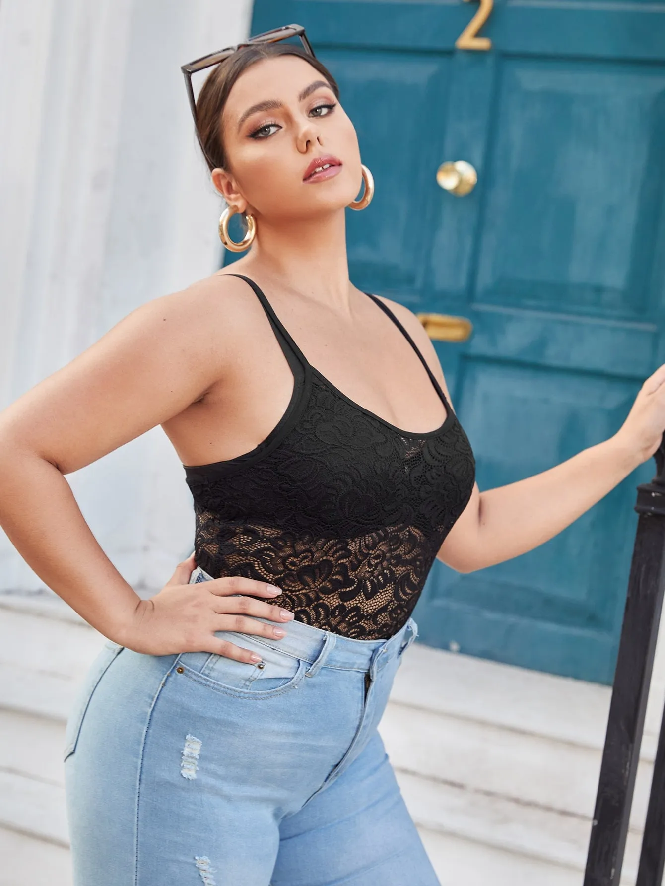 Sexy Plain Sheer Sleeveless Spaghetti Strap Plus Size Bodysuit