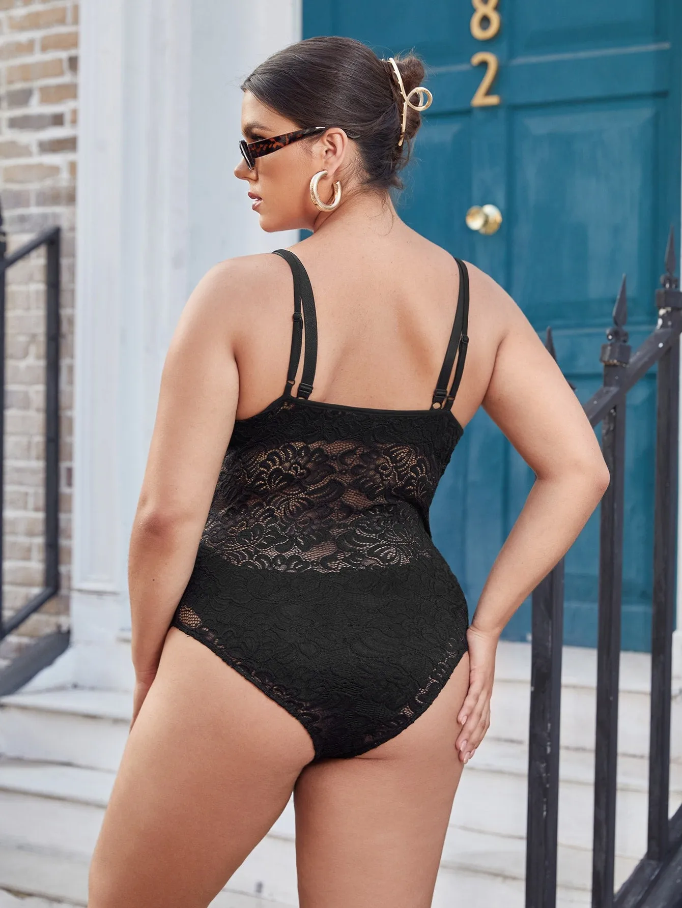 Sexy Plain Sheer Sleeveless Spaghetti Strap Plus Size Bodysuit