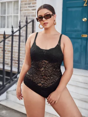 Sexy Plain Sheer Sleeveless Spaghetti Strap Plus Size Bodysuit