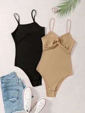 Sexy Plain Twist Sleeveless Spaghetti Strap Natural Women Bodysuit