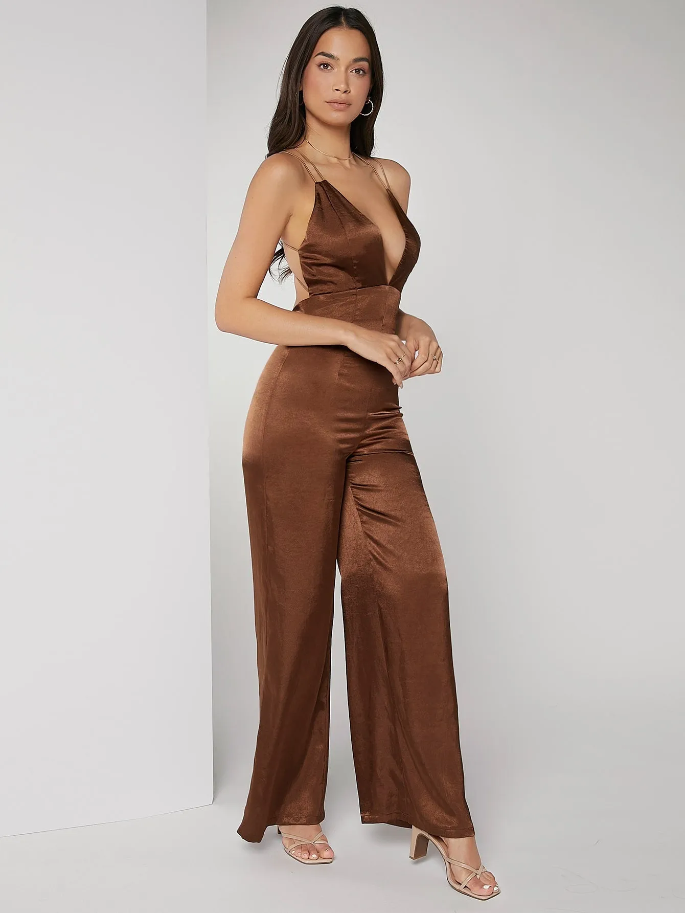 Sexy Plain Zipper Sleeveless Spaghetti Strap High Waist Long Women Jumpsuits