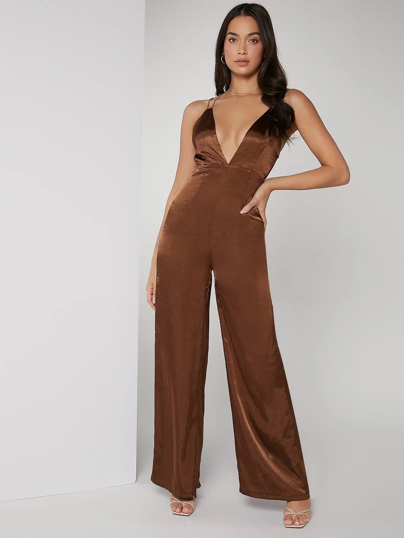 Sexy Plain Zipper Sleeveless Spaghetti Strap High Waist Long Women Jumpsuits