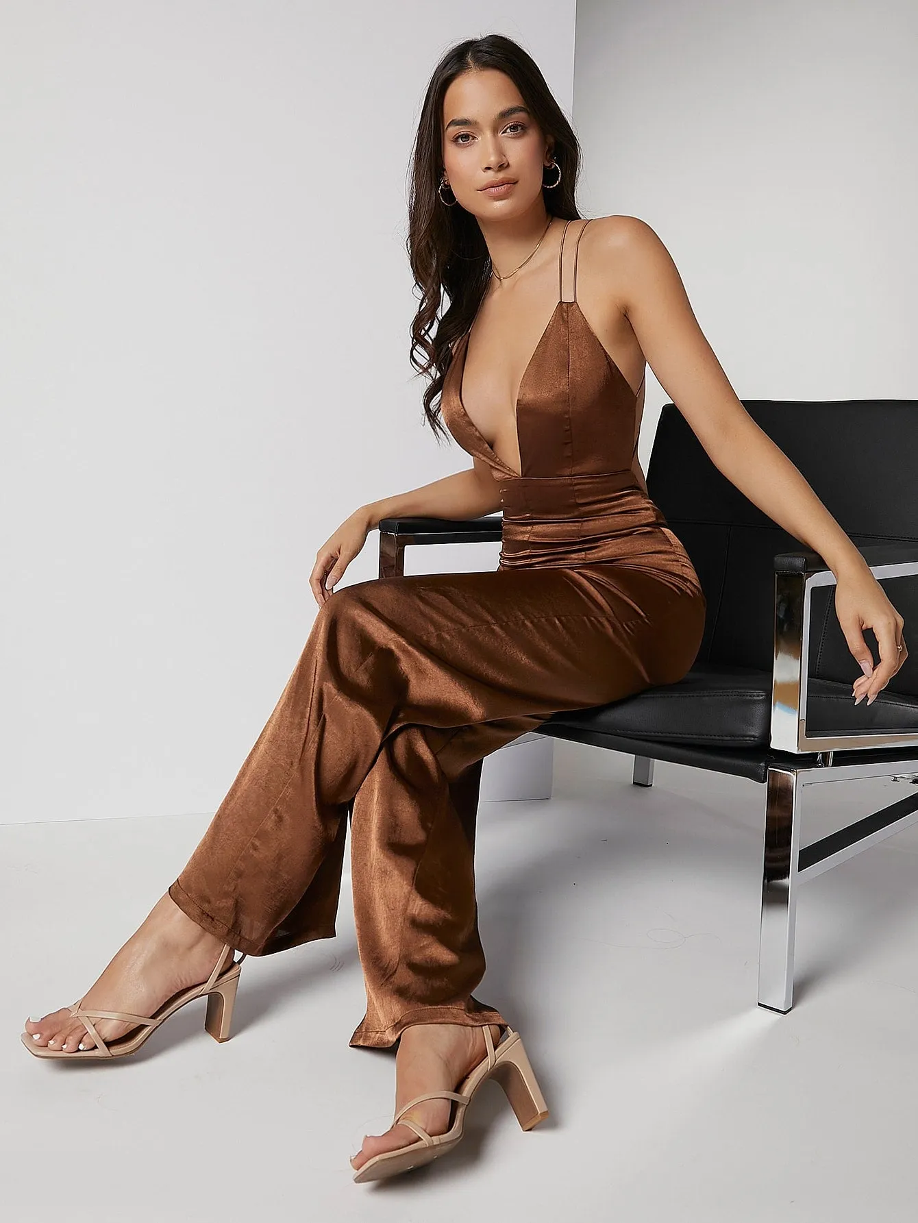 Sexy Plain Zipper Sleeveless Spaghetti Strap High Waist Long Women Jumpsuits