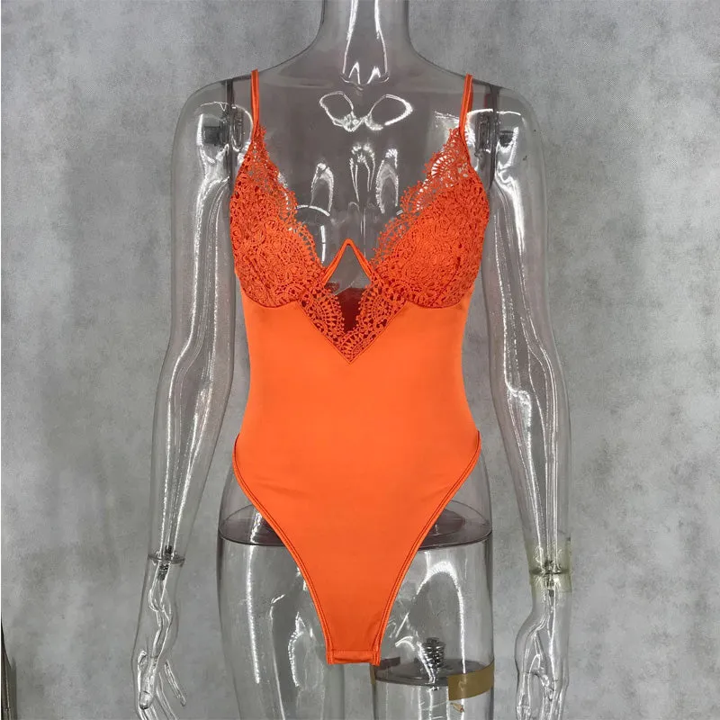 Sexy Sleeveless Lace Patchwork Spaghetti Strap Bodysuits