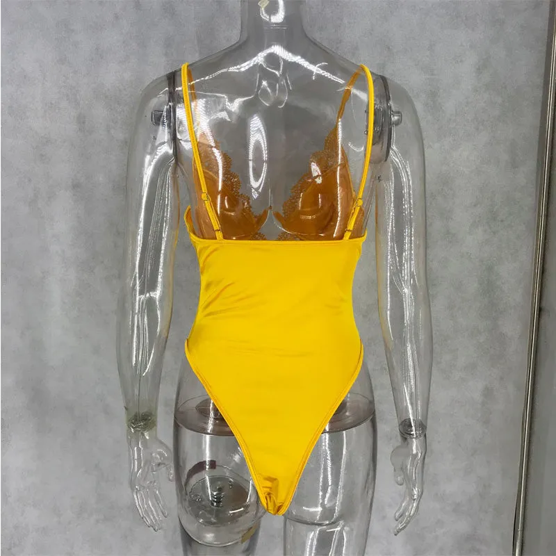 Sexy Sleeveless Lace Patchwork Spaghetti Strap Bodysuits