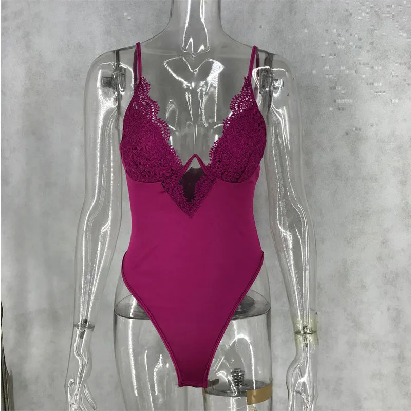 Sexy Sleeveless Lace Patchwork Spaghetti Strap Bodysuits