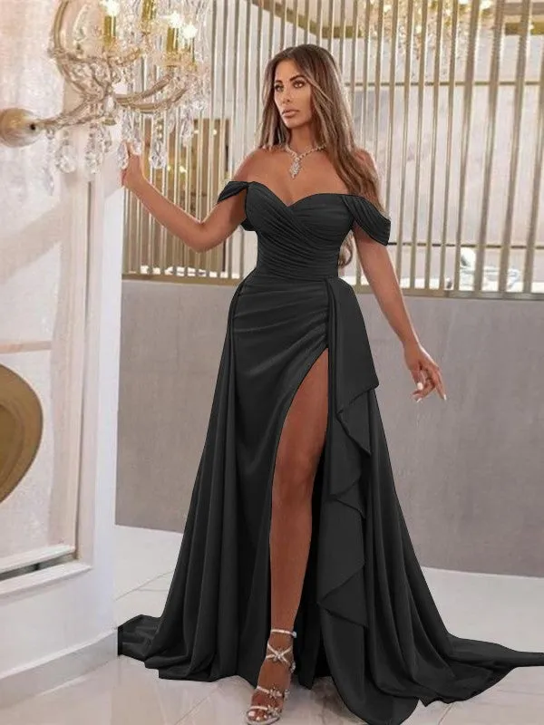 Sheath/Column Jersey Ruched Off-the-Shoulder Sleeveless Sweep/Brush Train Dresses