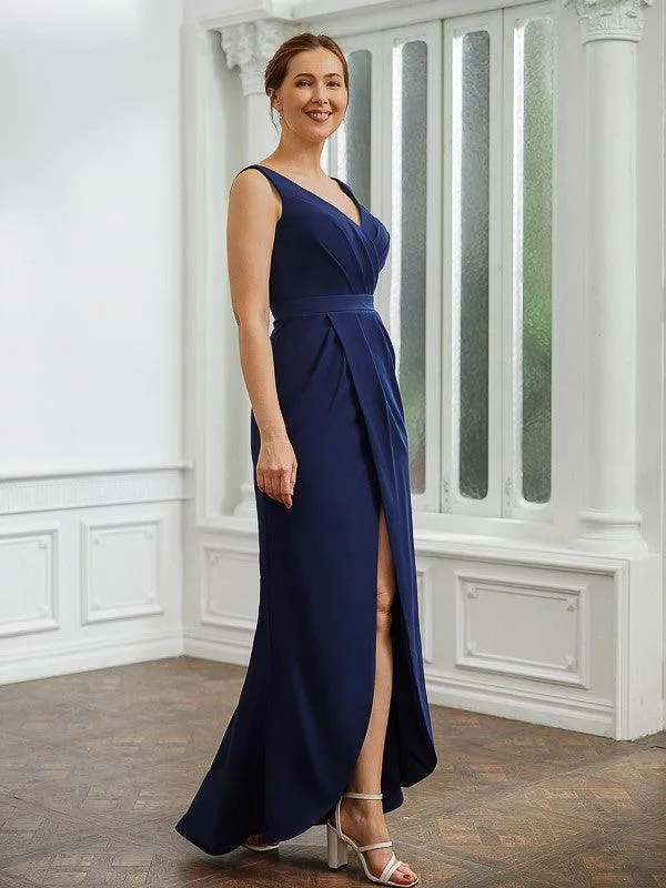 Sheath/Column Stretch Crepe Ruched V-neck Sleeveless Floor-Length Mother of the Bride Dresses
