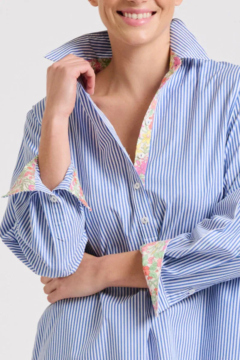 Shirty 'Popover Shirtdress' - Mid Blue Stripe/Floral Trim