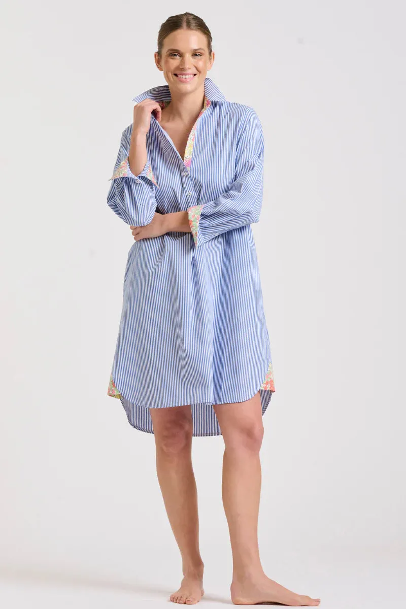 Shirty 'Popover Shirtdress' - Mid Blue Stripe/Floral Trim