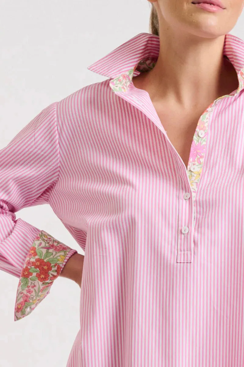 Shirty 'The Popover Shirtdress' - Pink Stripe/Floral Trim