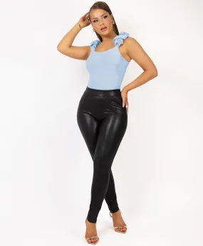 Sky Blue Ruffle Ruched Straps Flare Bodysuit