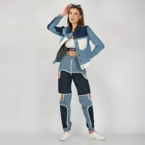 SLAY. Women's Blue & White Colorblock Denim Jacket Crop Top & Jeans Co-ord Set(3 Piece)