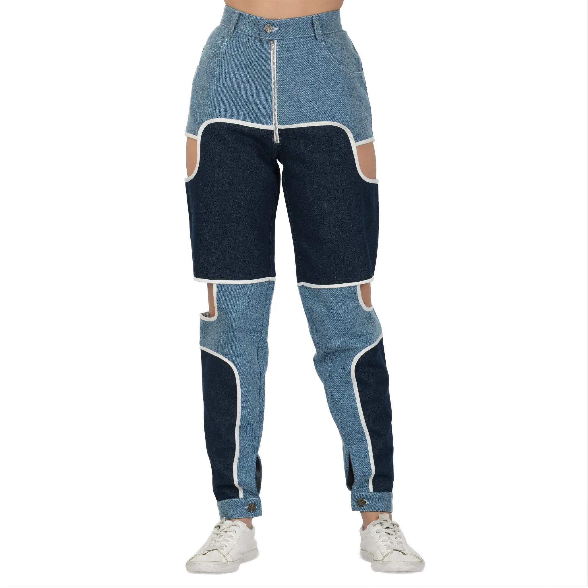 SLAY. Women's Blue & White Colorblock Denim Jacket Crop Top & Jeans Co-ord Set(3 Piece)