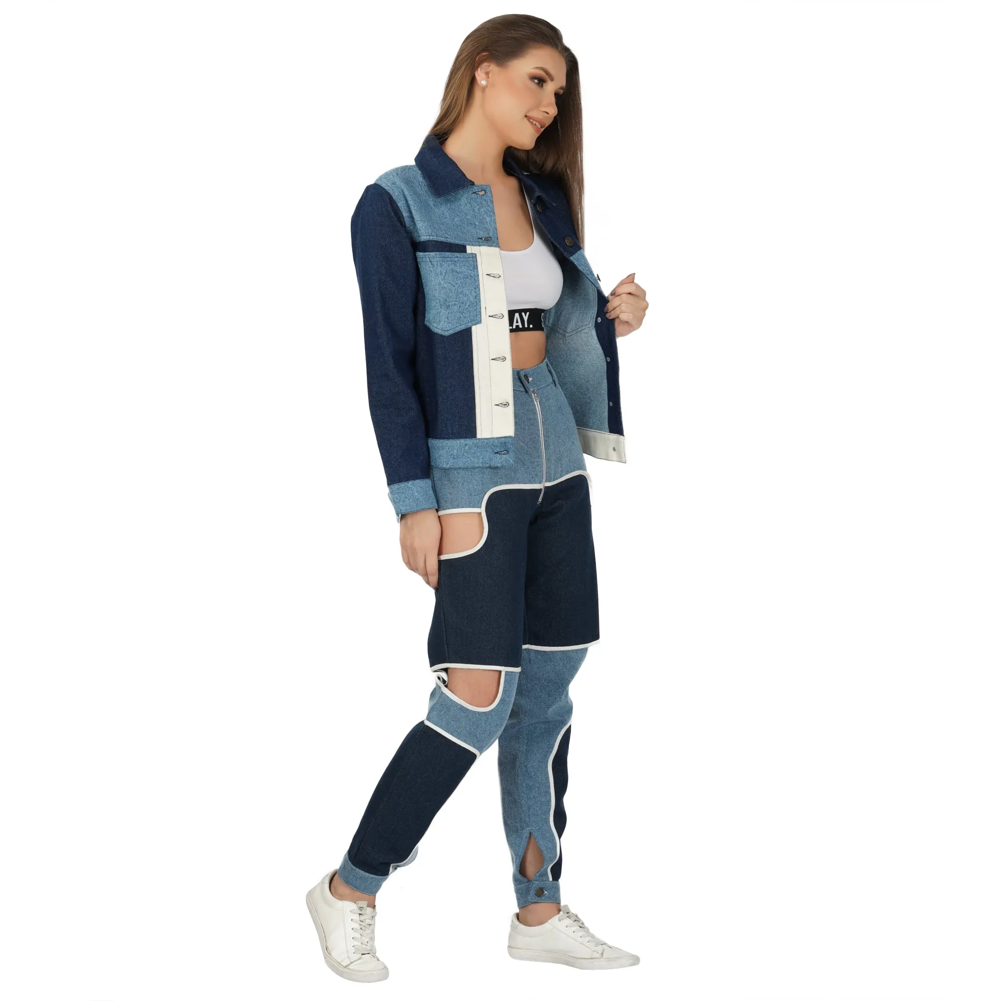 SLAY. Women's Blue & White Colorblock Denim Jacket Crop Top & Jeans Co-ord Set(3 Piece)