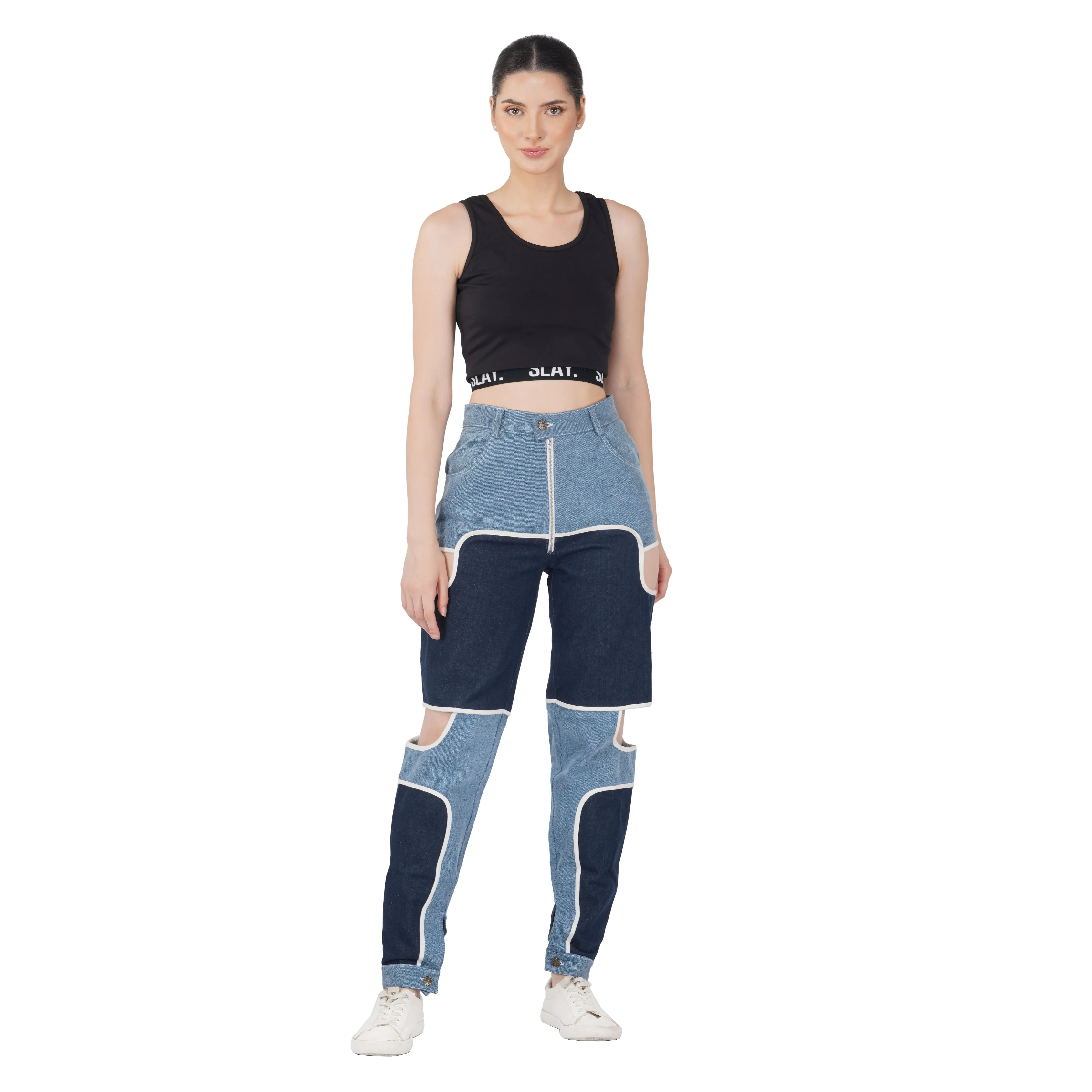 SLAY. Women's Blue & White Colorblock Denim Jacket Crop Top & Jeans Co-ord Set(3 Piece)