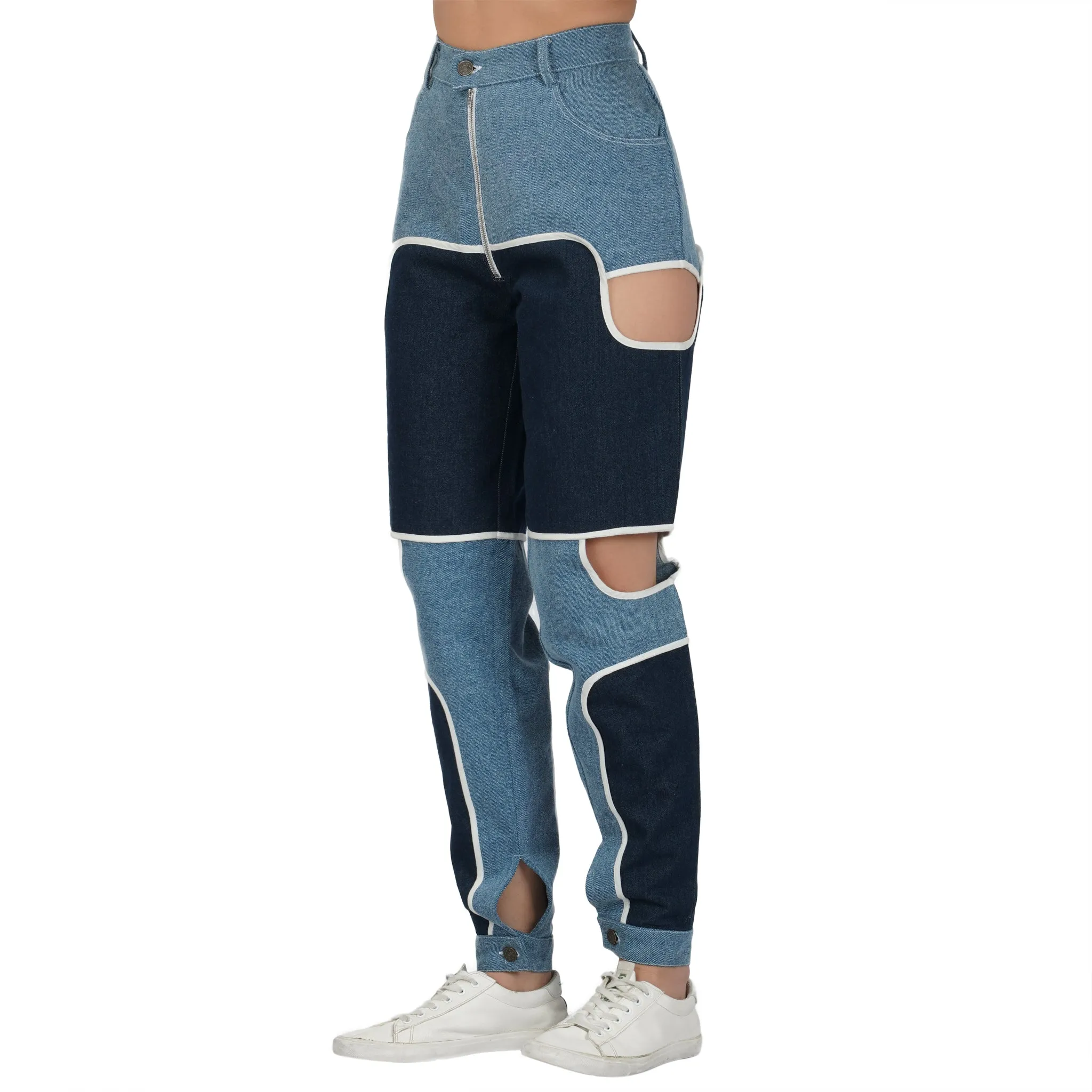 SLAY. Women's Blue & White Colorblock Denim Jacket Crop Top & Jeans Co-ord Set(3 Piece)