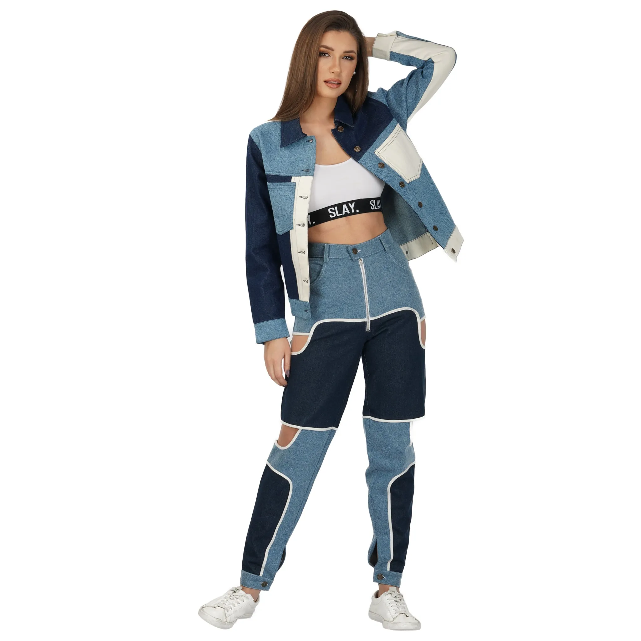 SLAY. Women's Blue & White Colorblock Denim Jacket Crop Top & Jeans Co-ord Set(3 Piece)