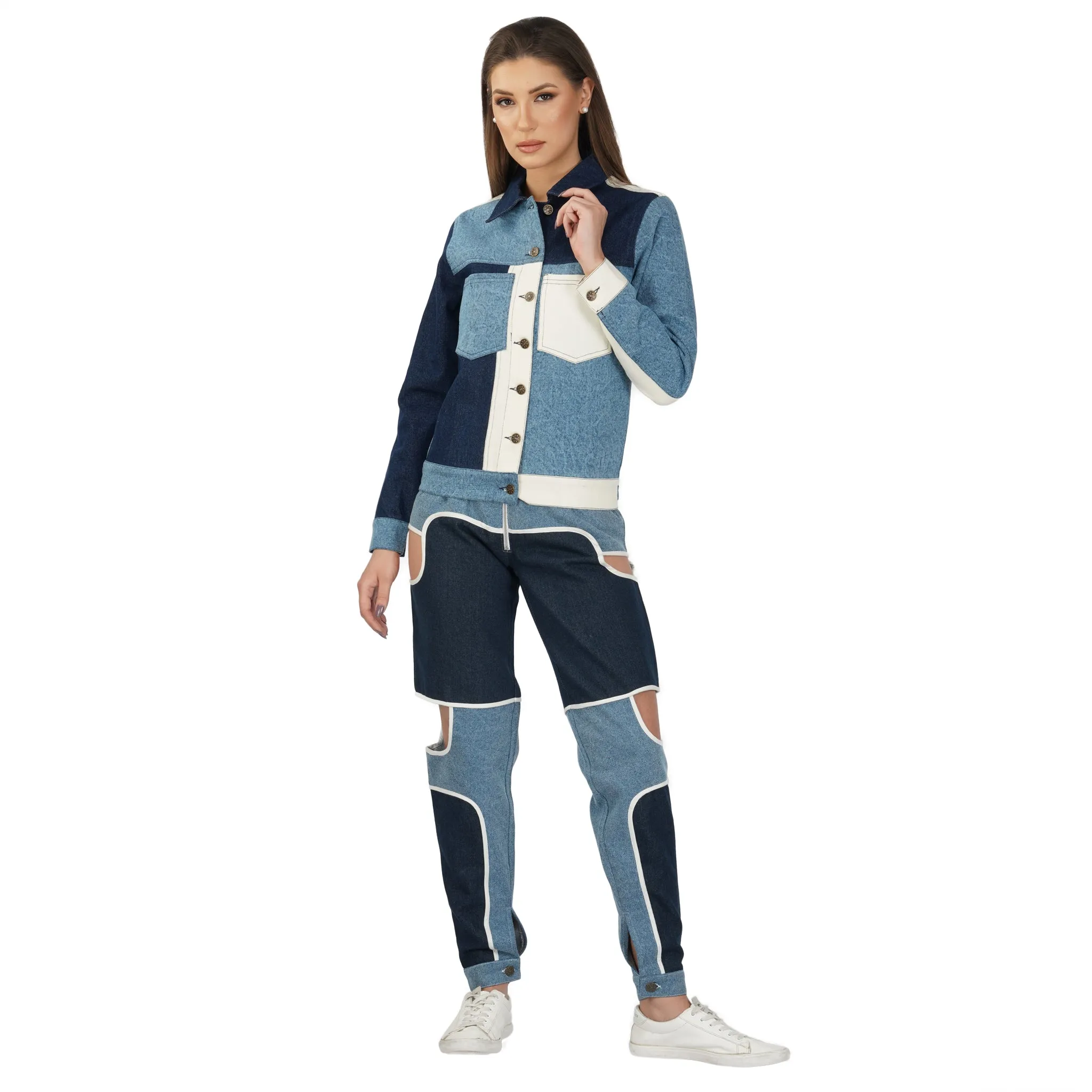SLAY. Women's Blue & White Colorblock Denim Jacket Crop Top & Jeans Co-ord Set(3 Piece)