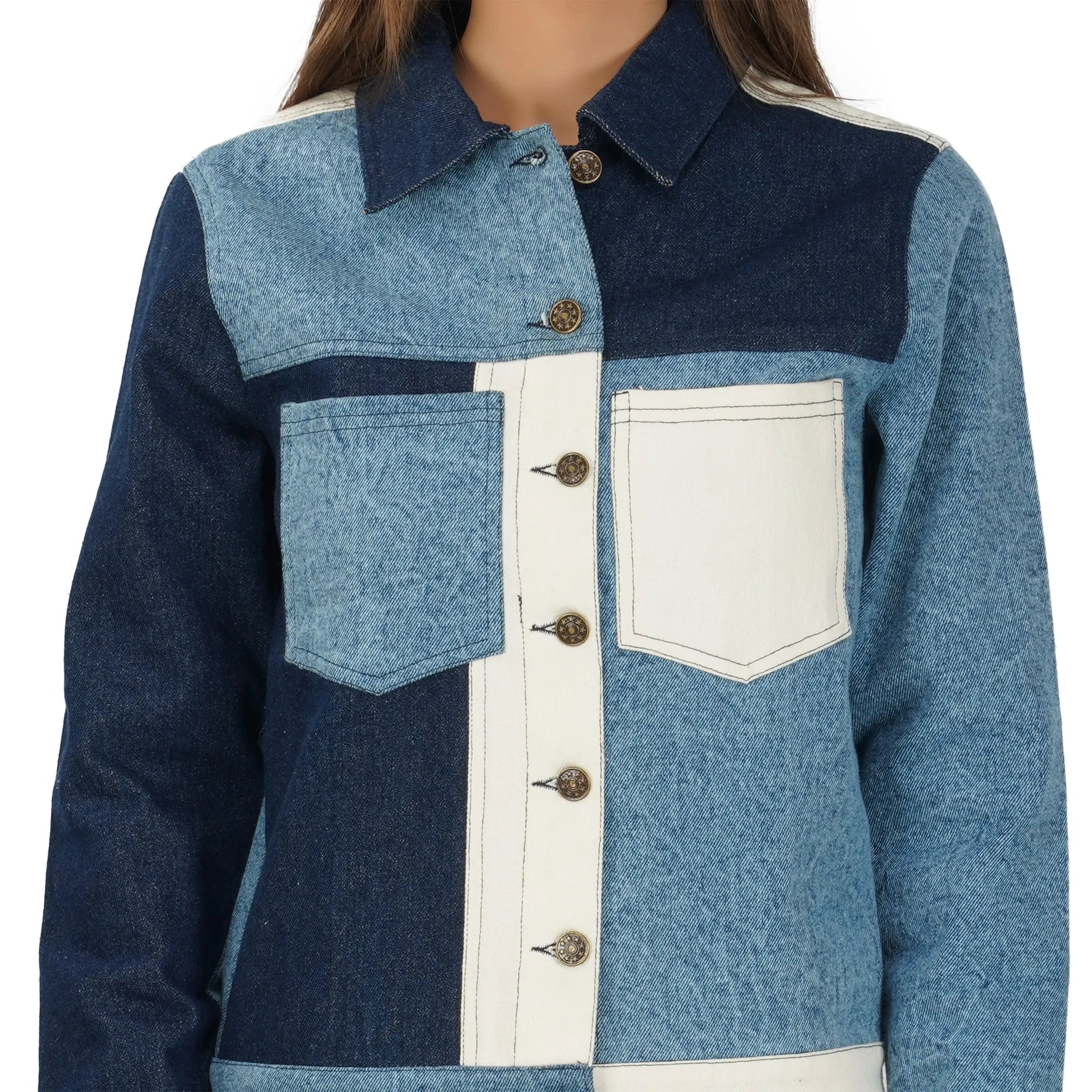 SLAY. Women's Blue & White Colorblock Denim Jacket Crop Top & Jeans Co-ord Set(3 Piece)