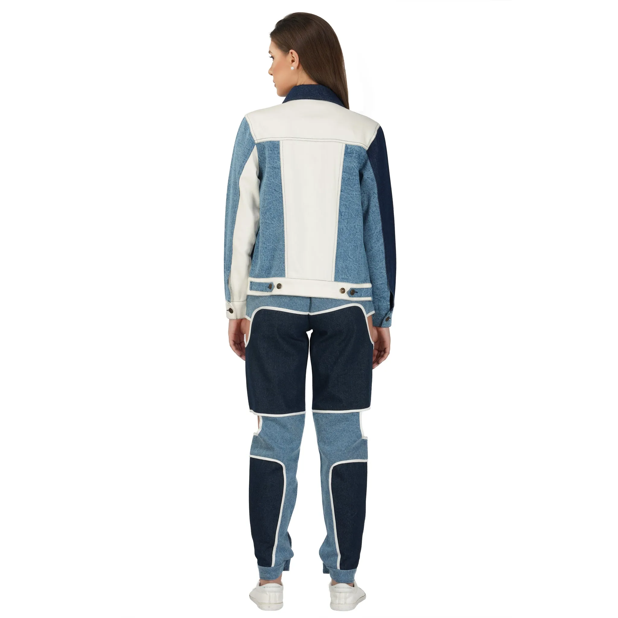SLAY. Women's Blue & White Colorblock Denim Jacket Crop Top & Jeans Co-ord Set(3 Piece)