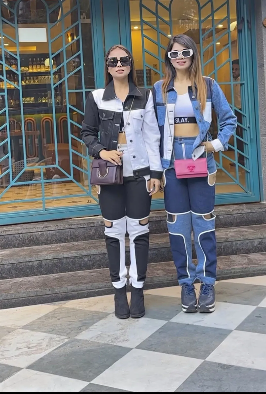 SLAY. Women's Blue & White Colorblock Denim Jacket Crop Top & Jeans Co-ord Set(3 Piece)