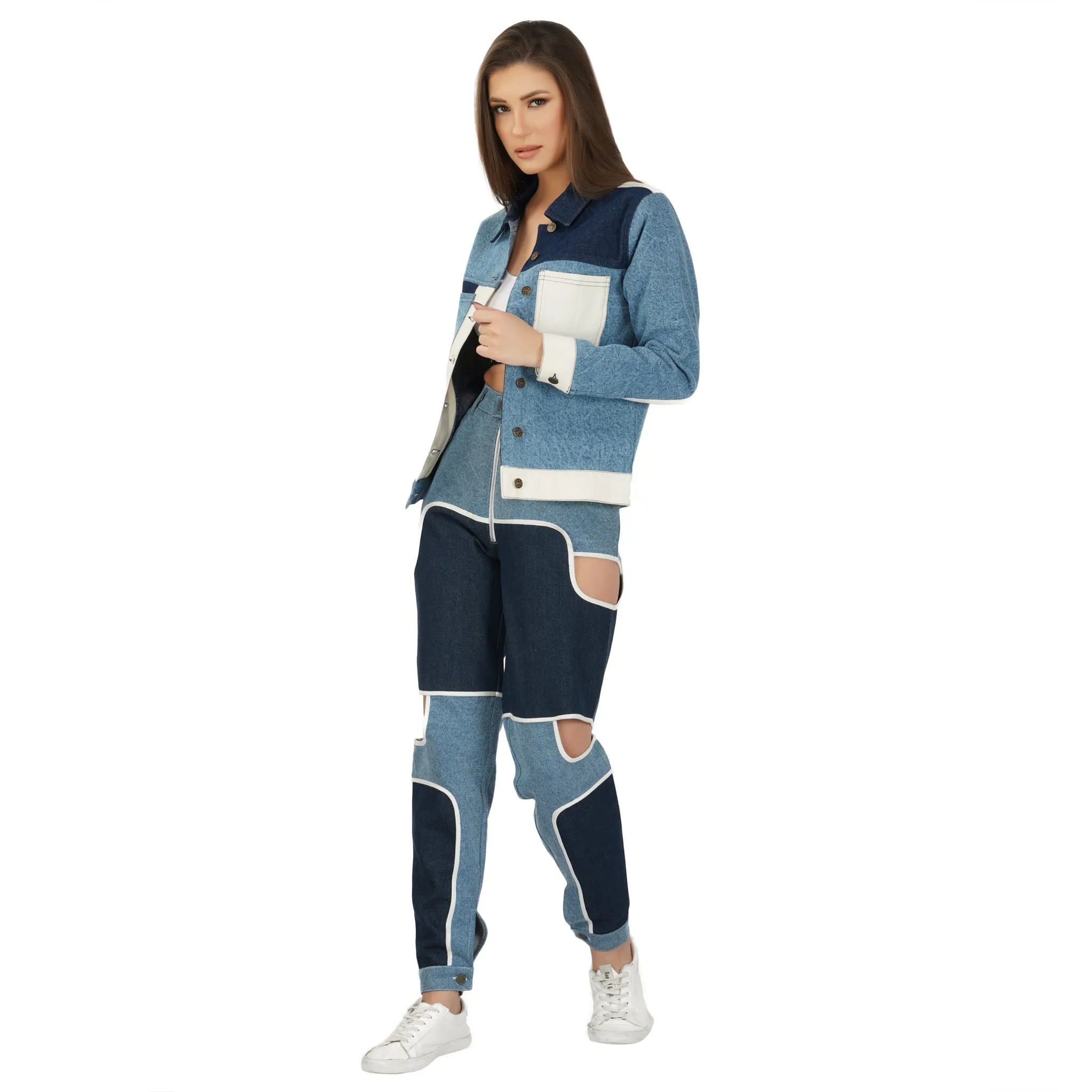 SLAY. Women's Blue & White Colorblock Denim Jacket Crop Top & Jeans Co-ord Set(3 Piece)