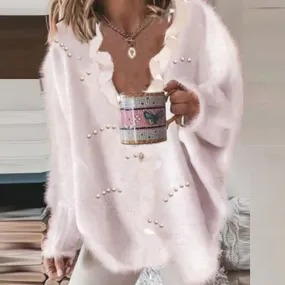 Soft Sweater V Neck Sweater Women Lace Fashion Sweater Winter Tops Casual Long Sleeve Loose Pullover