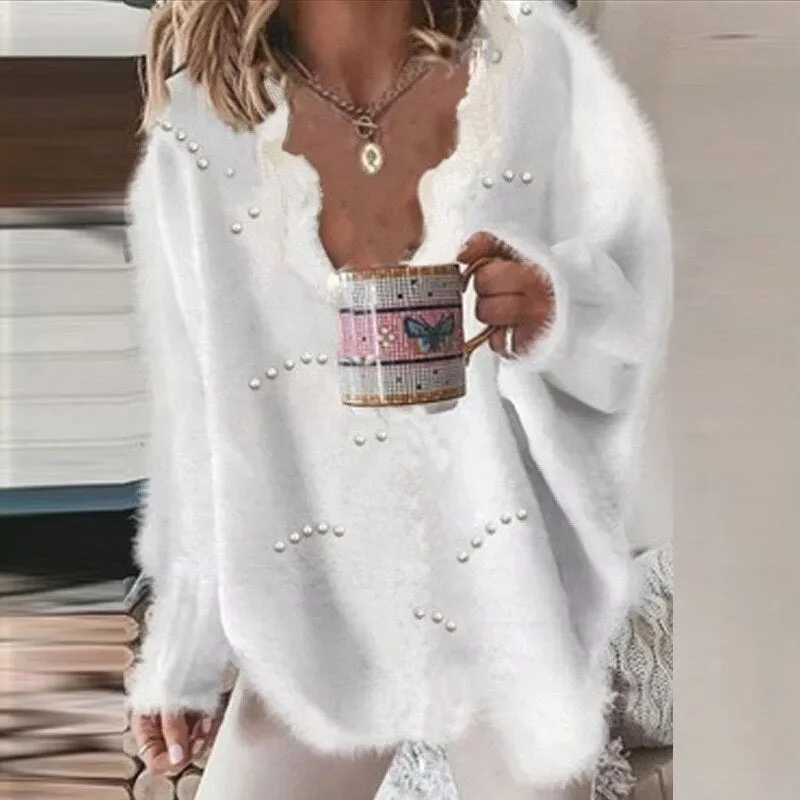 Soft Sweater V Neck Sweater Women Lace Fashion Sweater Winter Tops Casual Long Sleeve Loose Pullover
