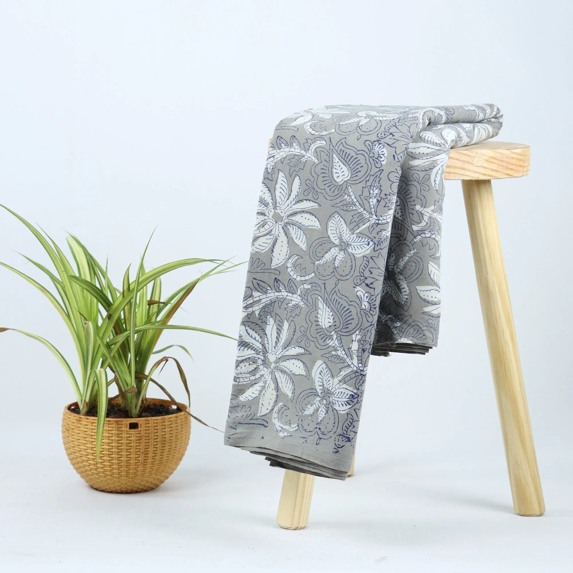 Soft White Hand Block Floral Dabu Print Fabric