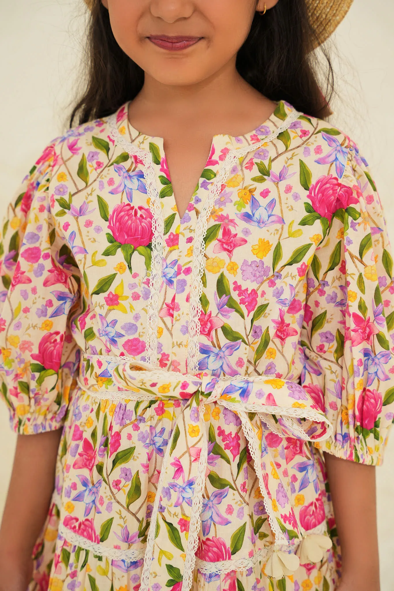 Stella Cotton Flower Print Girl Dress - Ecru Garden
