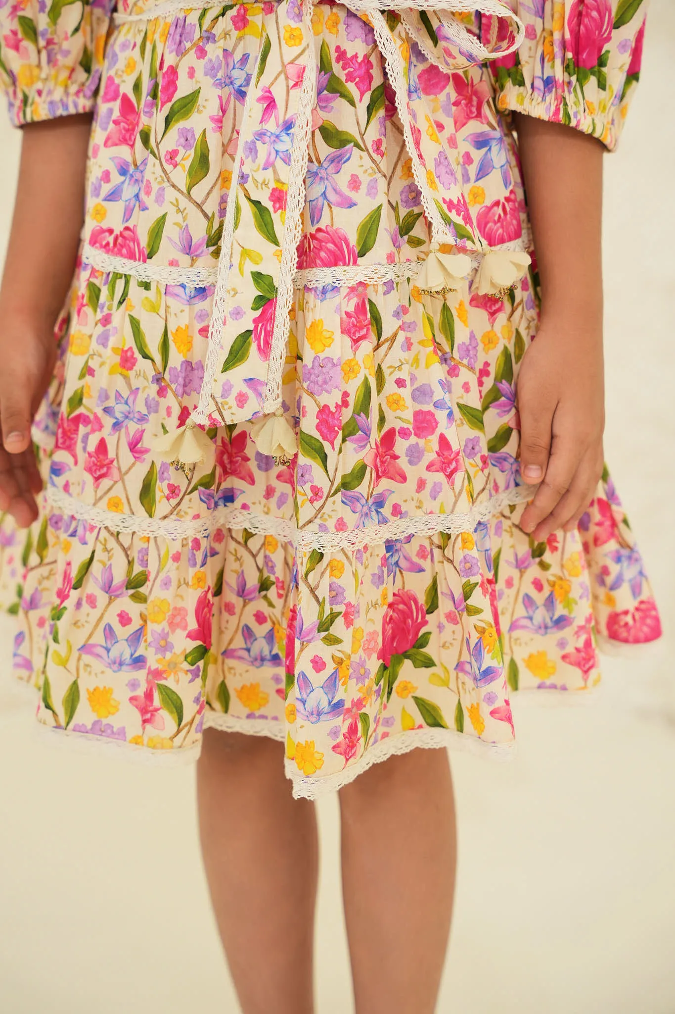 Stella Cotton Flower Print Girl Dress - Ecru Garden