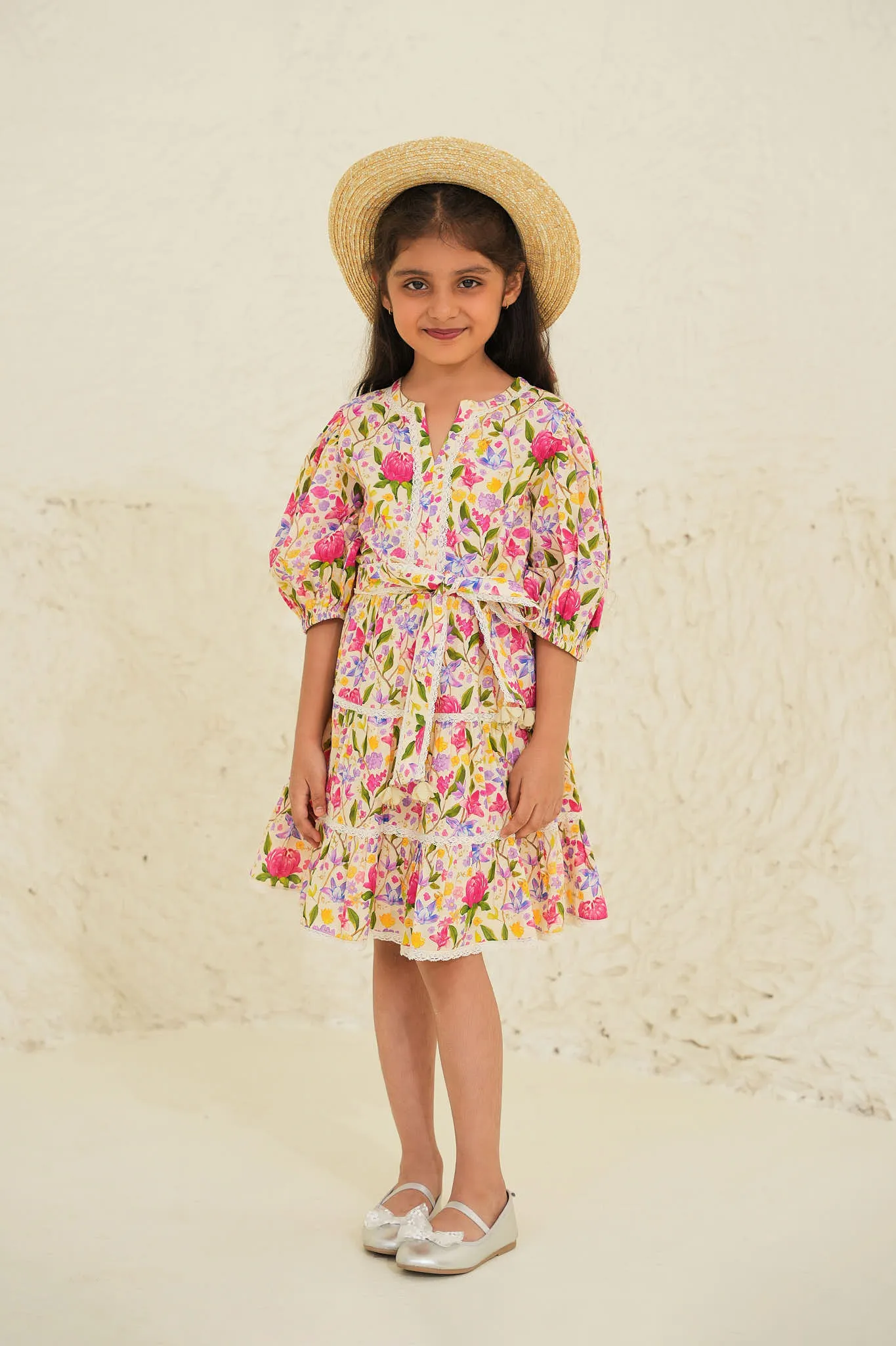 Stella Cotton Flower Print Girl Dress - Ecru Garden