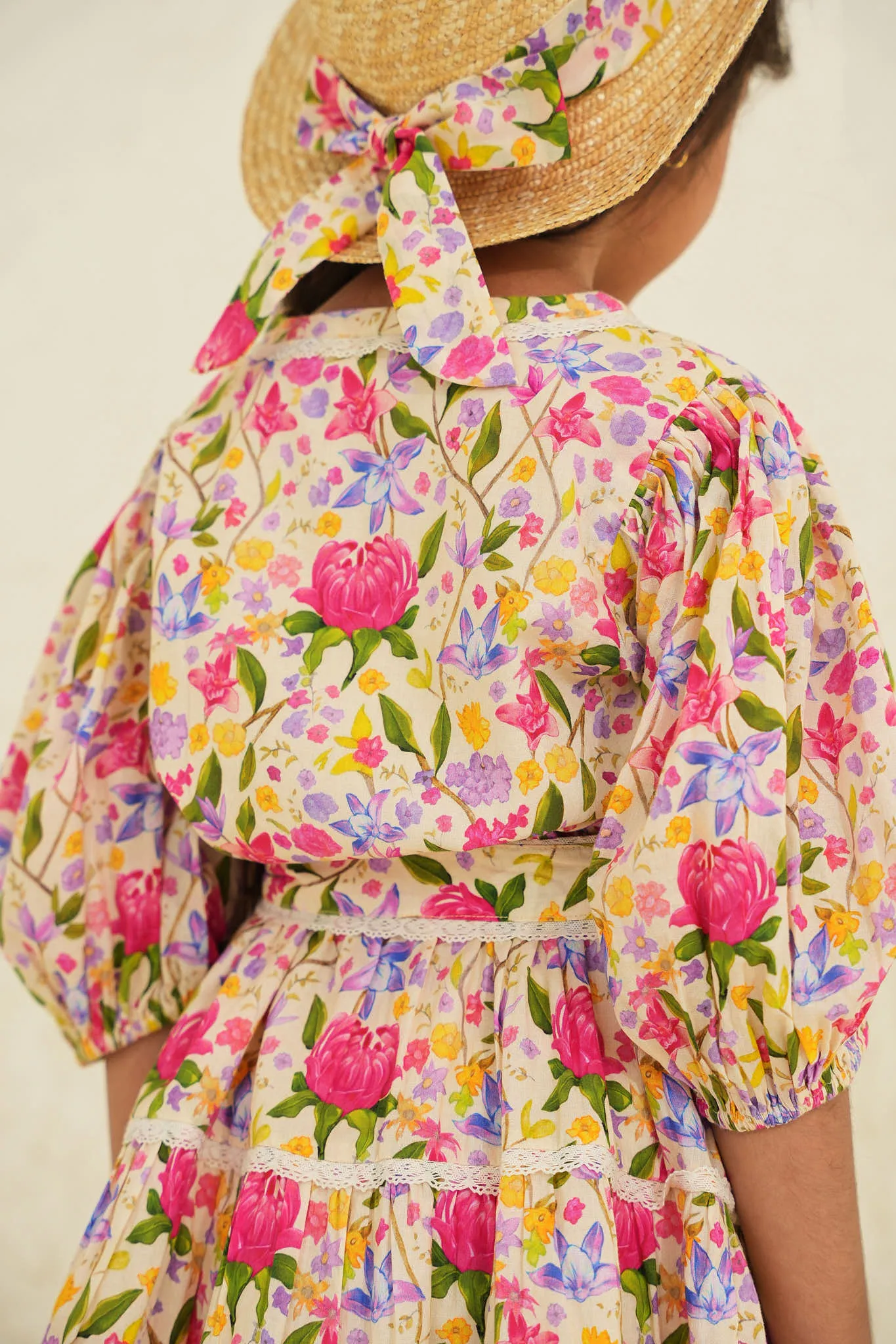 Stella Cotton Flower Print Girl Dress - Ecru Garden