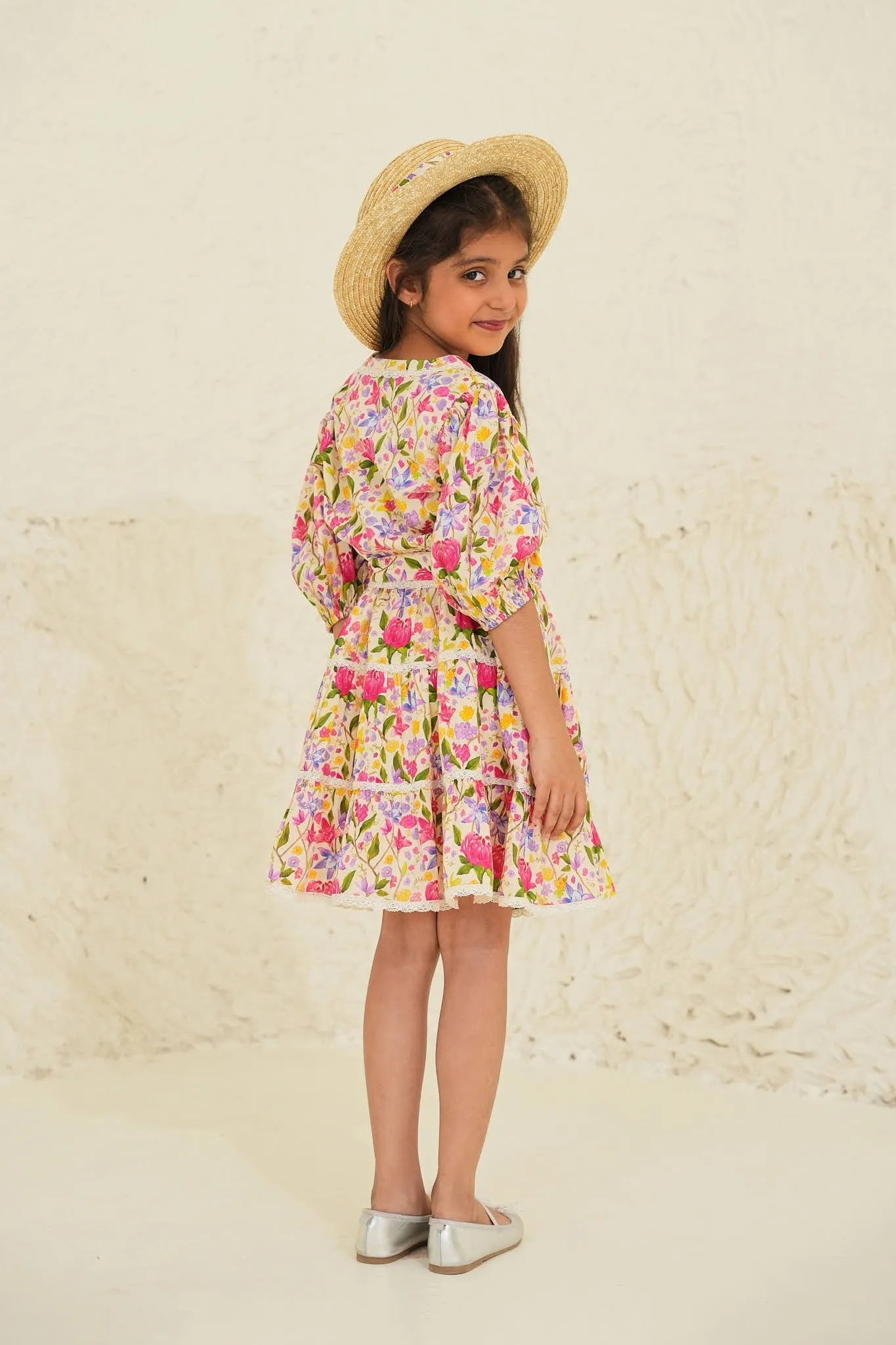 Stella Cotton Flower Print Girl Dress - Ecru Garden