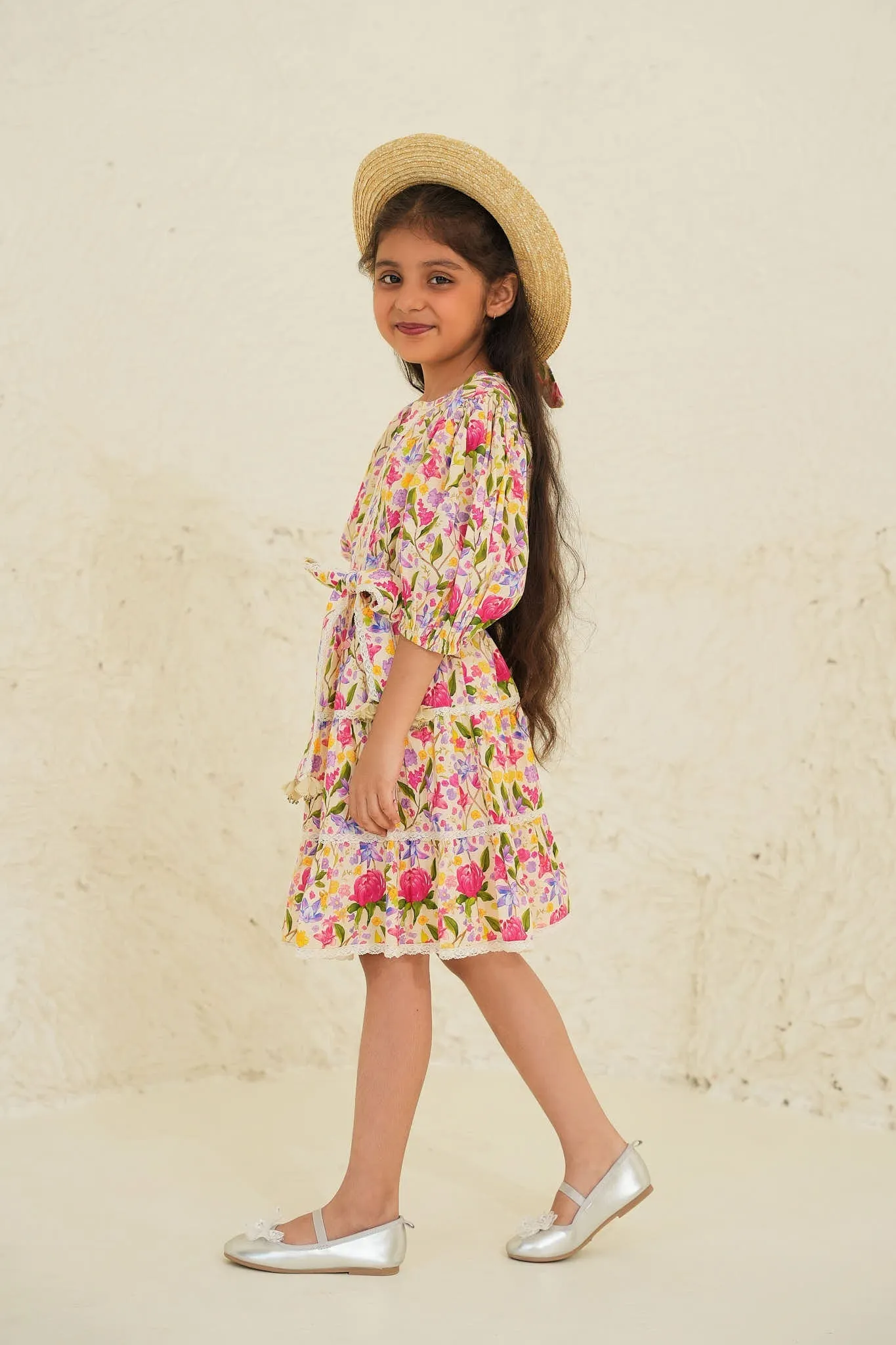 Stella Cotton Flower Print Girl Dress - Ecru Garden