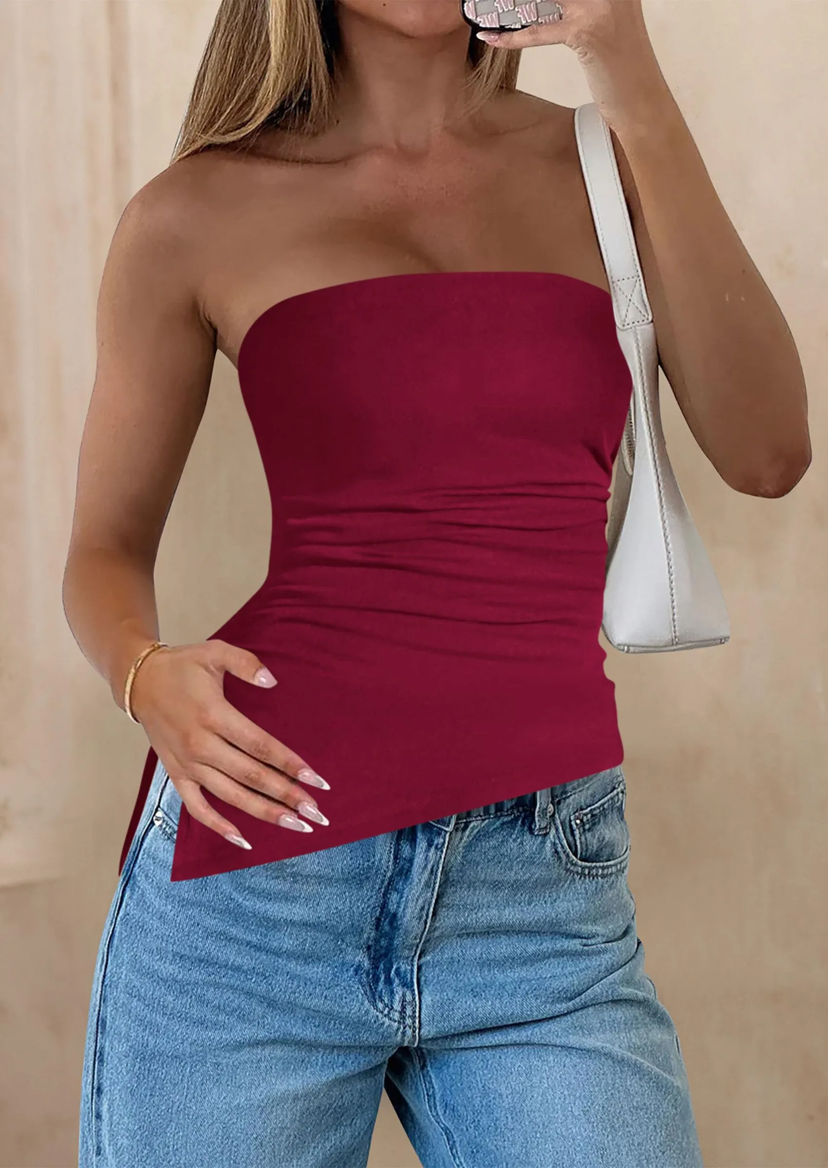 Strapless Ruched Asymmetric Bandeau Shirts