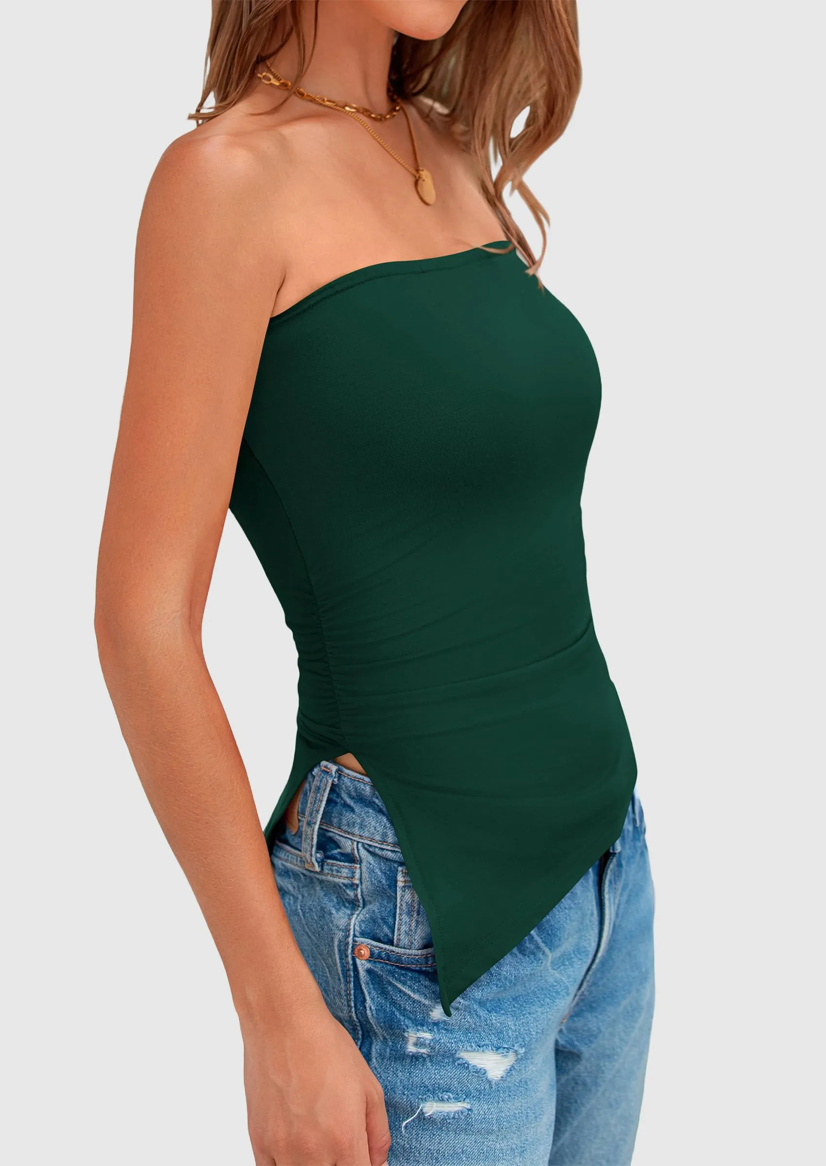 Strapless Ruched Asymmetric Bandeau Shirts