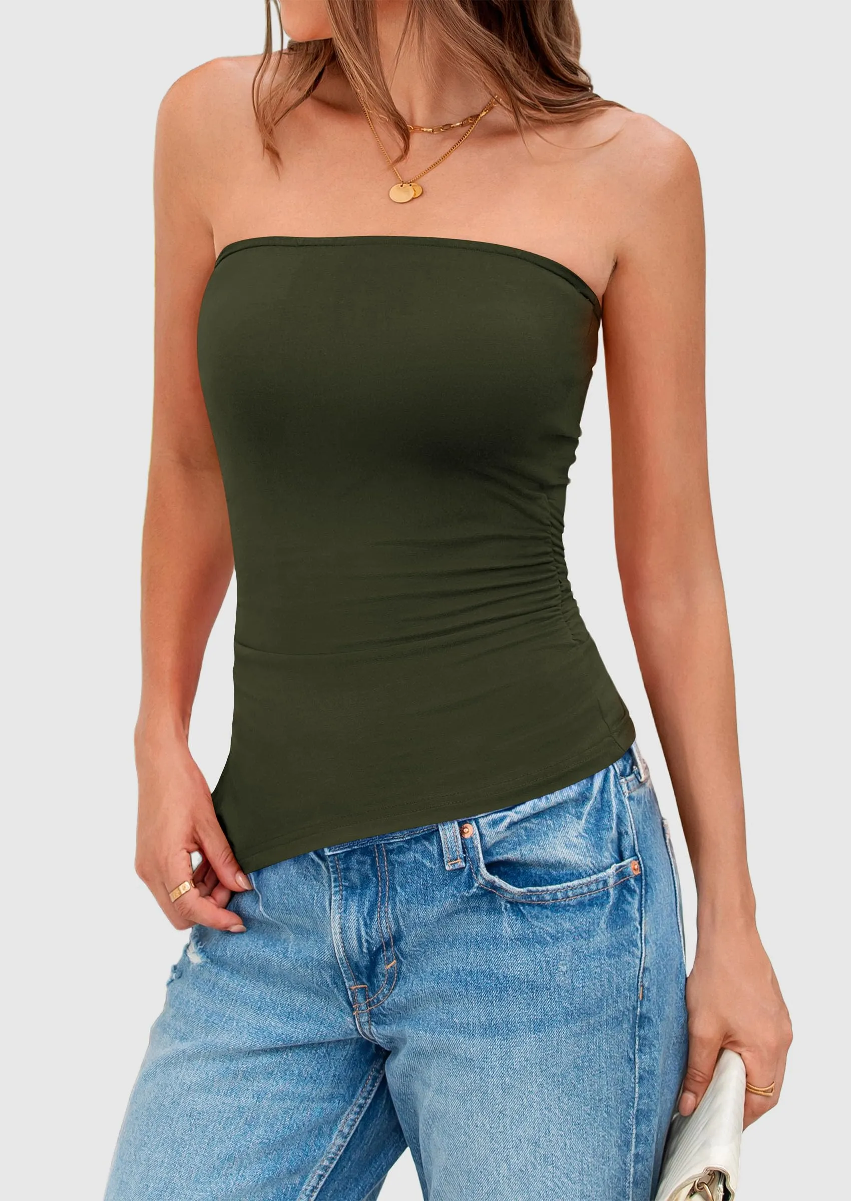 Strapless Ruched Asymmetric Bandeau Shirts