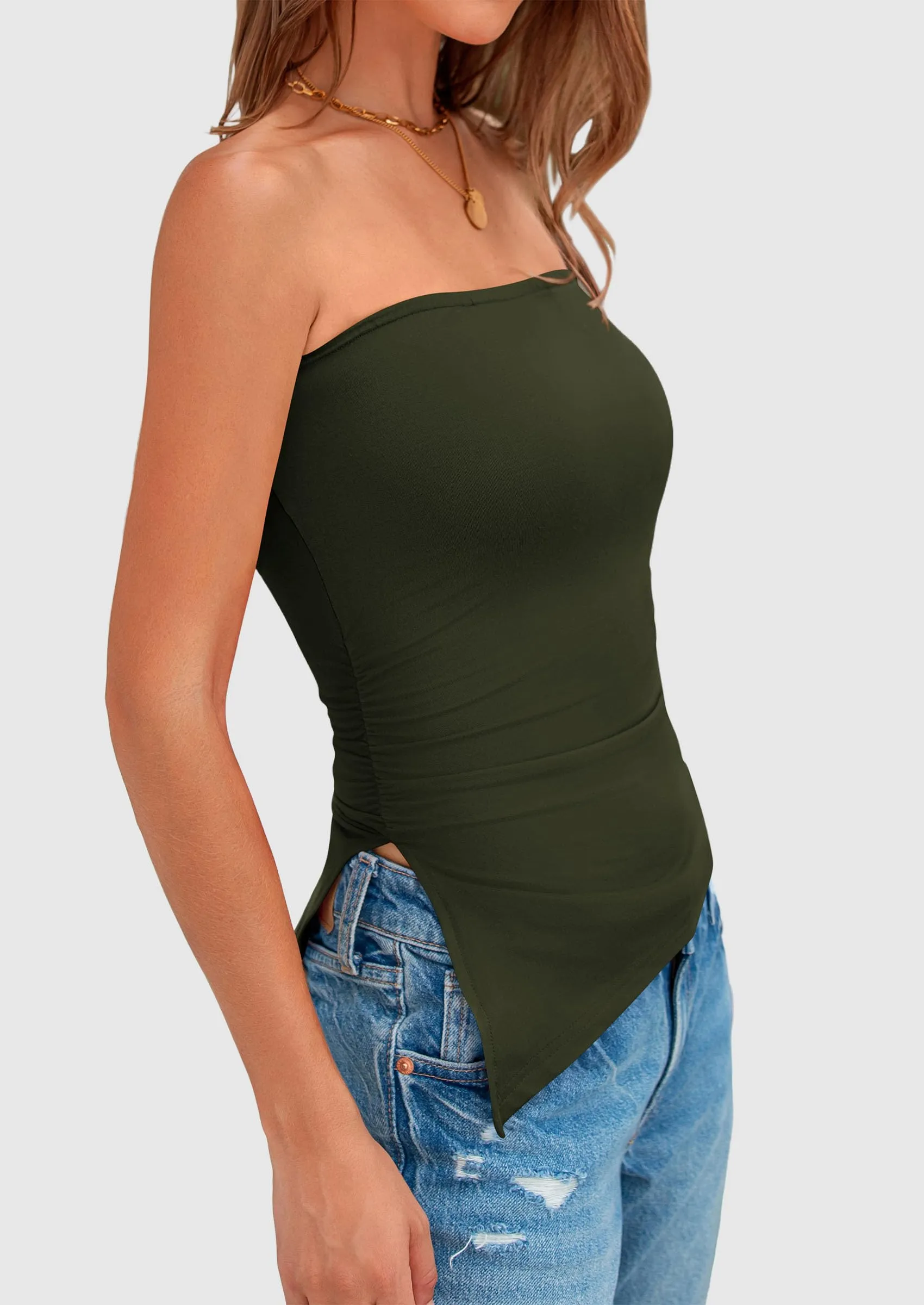 Strapless Ruched Asymmetric Bandeau Shirts