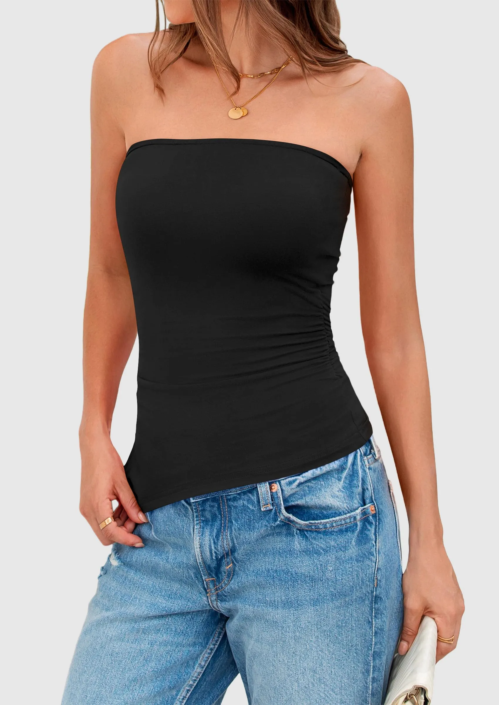 Strapless Ruched Asymmetric Bandeau Shirts