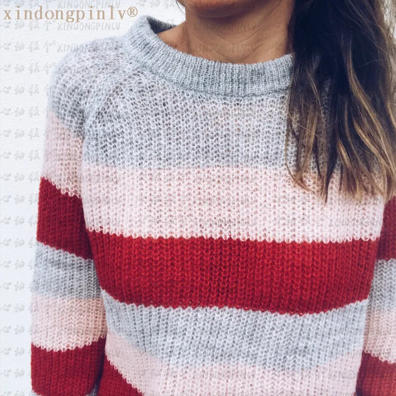 Stripes Color Patchwork Loose Scoop Women Pullover Sweater